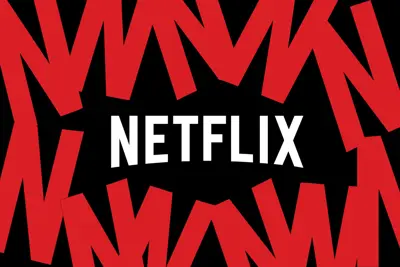 Netflix-logotyp i vitt mot svart bakgrund, omgiven av röda, stiliserade former.