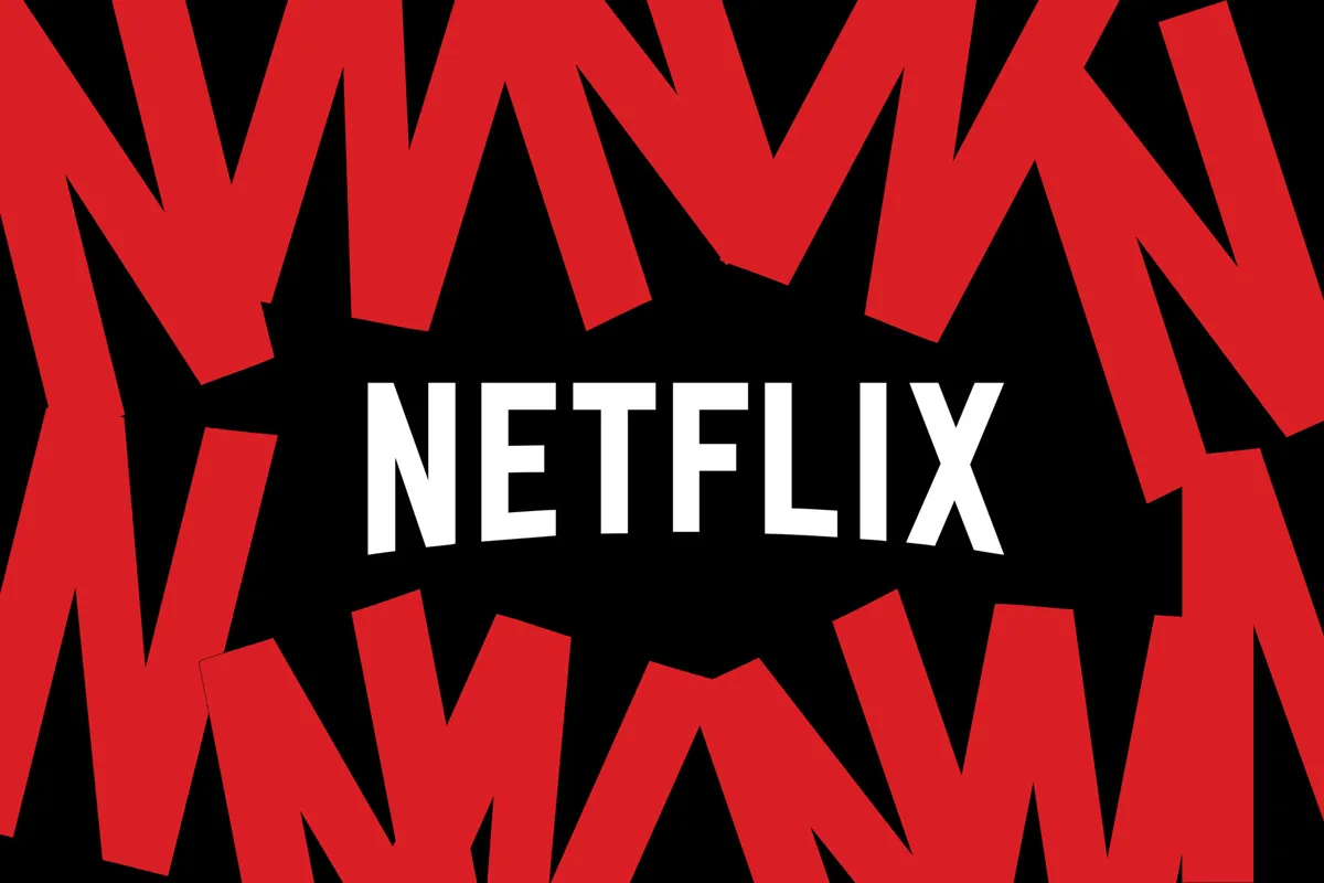 Netflix-logotyp i vitt mot svart bakgrund, omgiven av röda, stiliserade former.