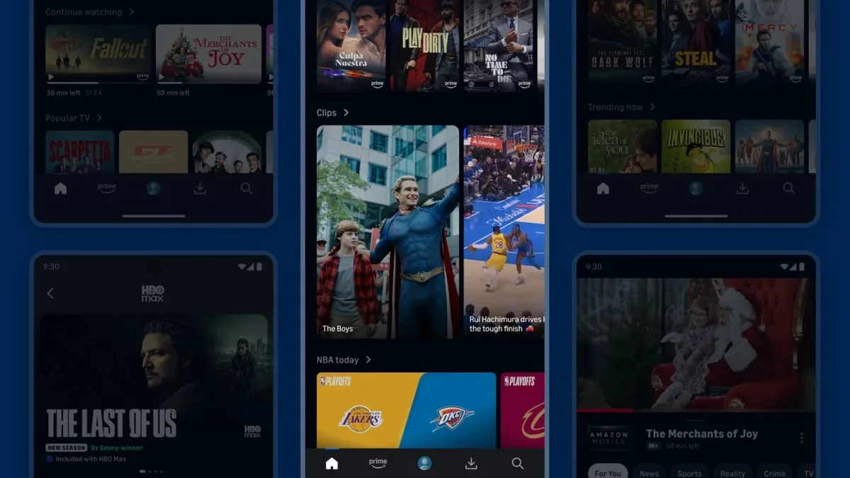 Skärmdumpar från Amazon Prime Video-appen. Flöden med filmer, serier och korta videoklipp visas.