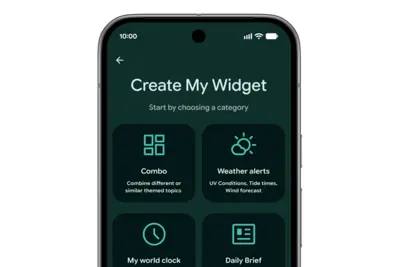 En skärmdump av en mobiltelefon som visar en app för att skapa widgets. Olika widget-kategorier visas.