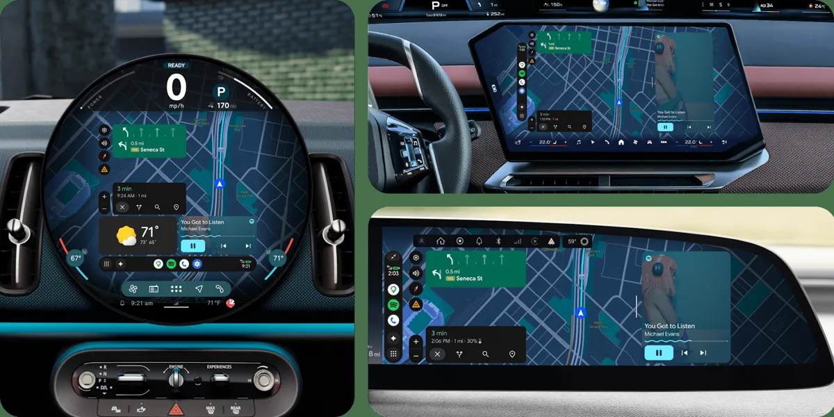 Interiör i en bil med tre skärmar som visar Android Auto med kartor och musik.