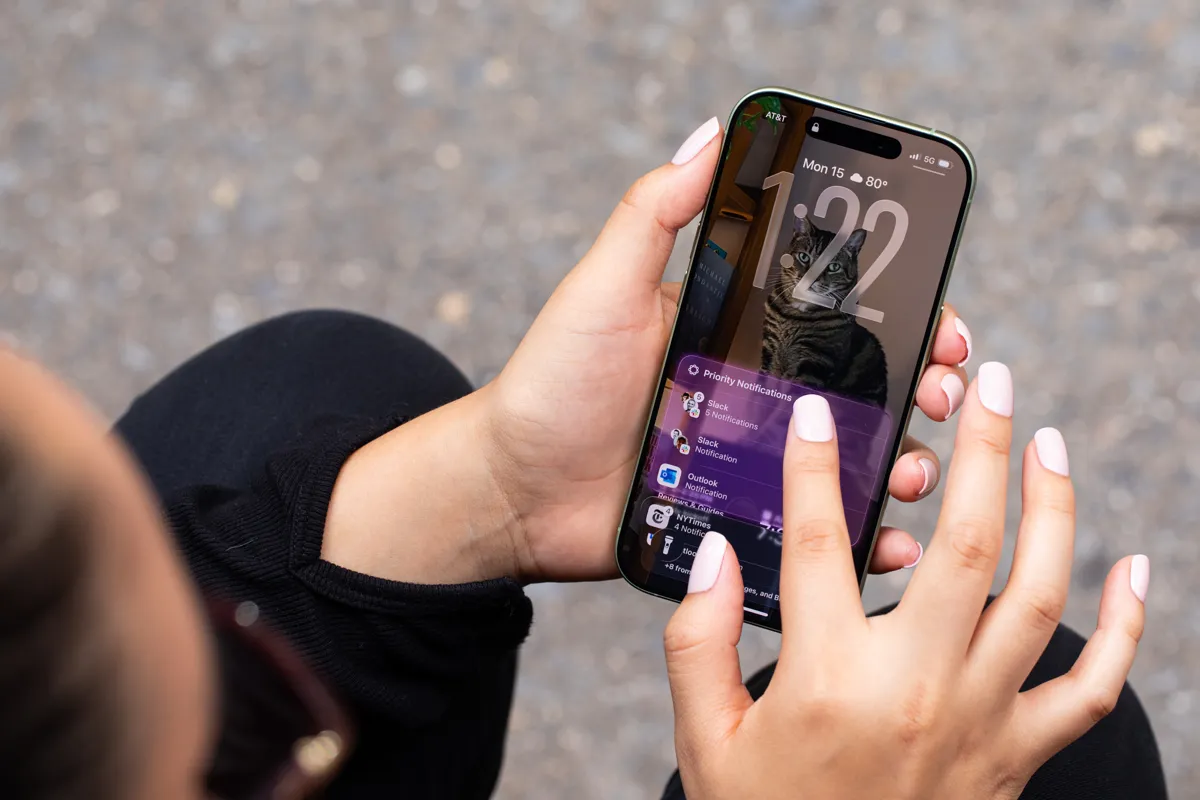En person håller en iPhone med notifikationer på skärmen och en katt som bakgrundsbild.