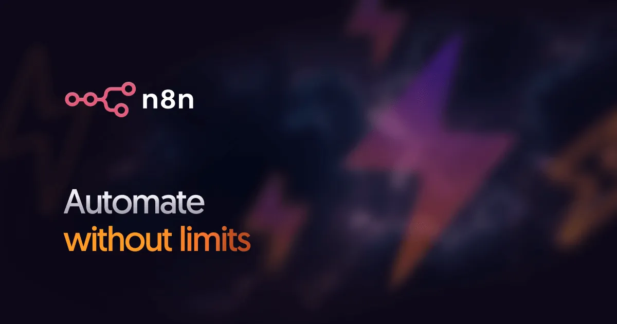 Logotypen för n8n och texten "Automate without limits" mot en mörk bakgrund med blixtar.