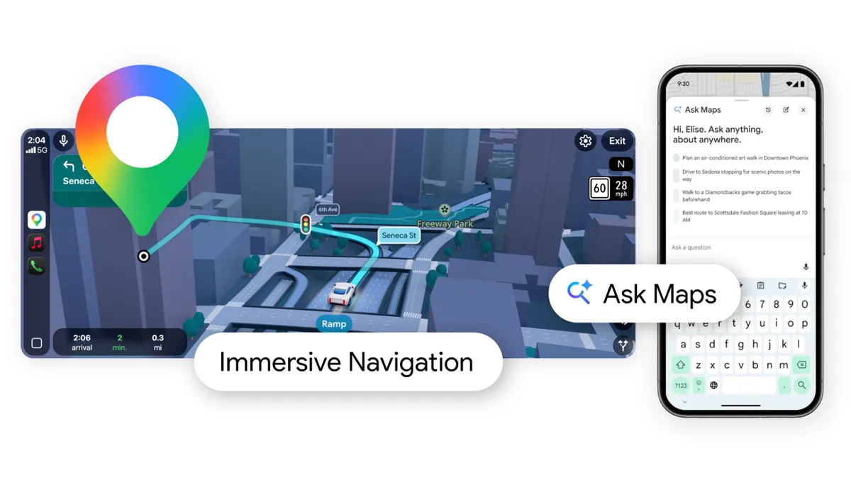 En skärmdump av Google Maps med 3D-vy och chattfunktion. En bil kör på en gata i en stad. En mobiltelefon visar en chattkonversation.