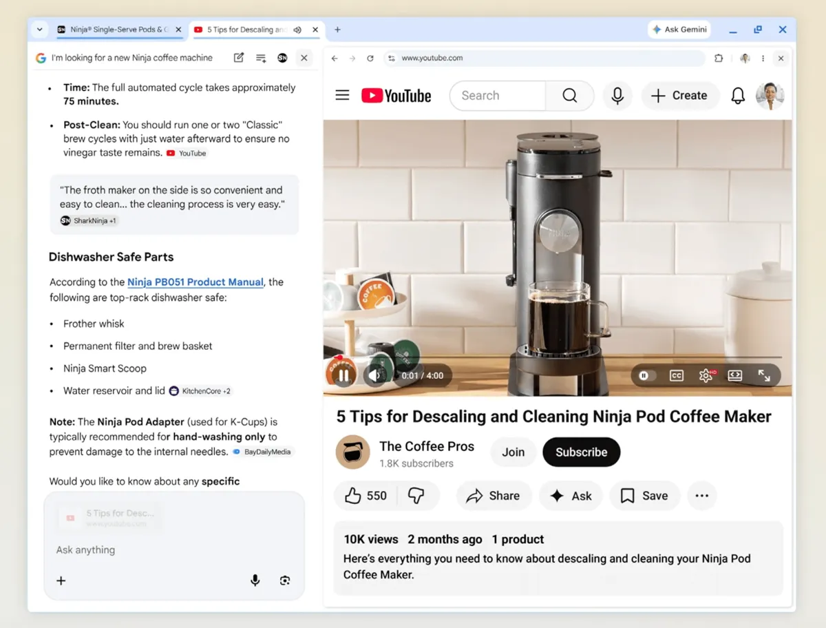 En skärmdump av en webbläsare med två flikar öppna: en med en sökning efter en Ninja kaffemaskin och en YouTube-video.