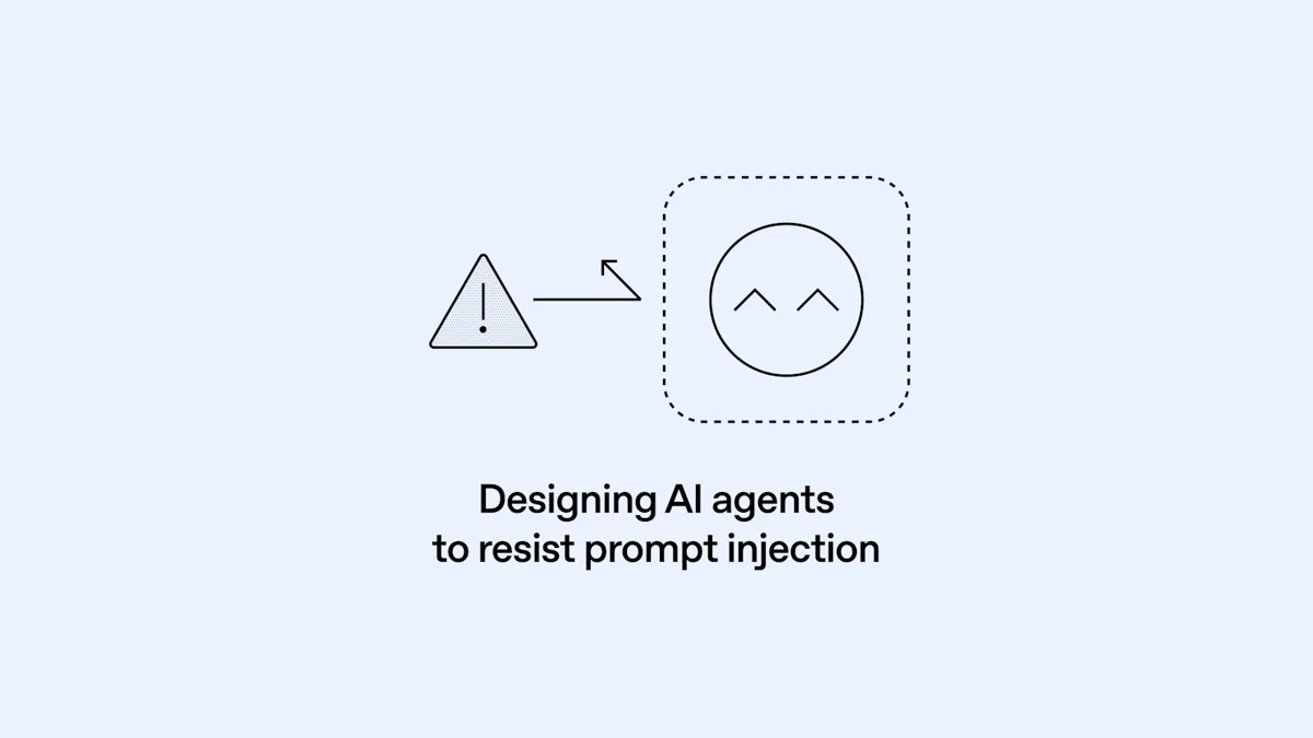 En varningstriangel med ett utropstecken pekar med en pil mot en ruta med ett ansikte. Text: "Designing AI agents to resist prompt injection".