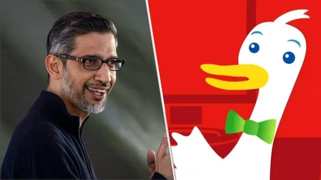 Bilden visar Sundar Pichai och DuckDuckGos maskot, en vit anka med grön fluga.