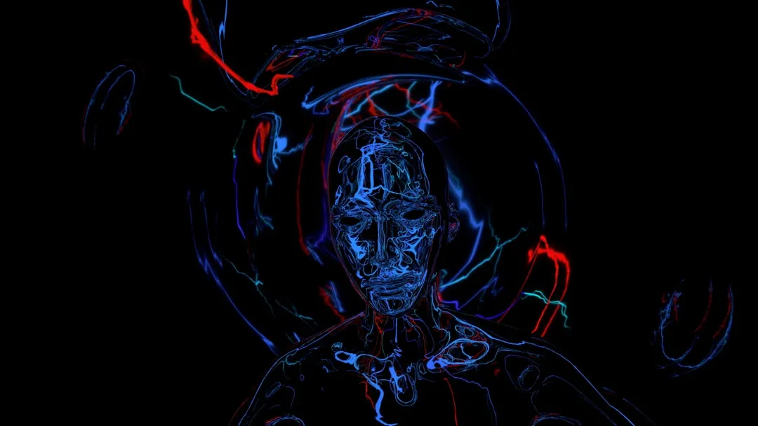 Abstrakt bild av ett ansikte och överkropp i blått, med röda och turkosa linjer mot svart bakgrund.