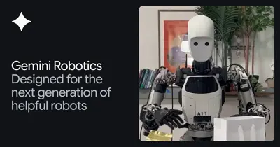 En vit robot med silverfärgade armar står framför en vit papperskasse. Texten "Gemini Robotics" syns.