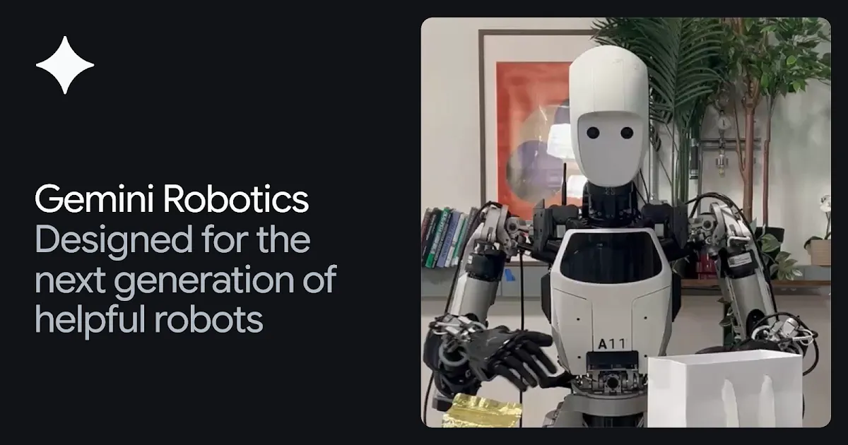 En vit robot med silverfärgade armar står framför en vit papperskasse. Texten "Gemini Robotics" syns.