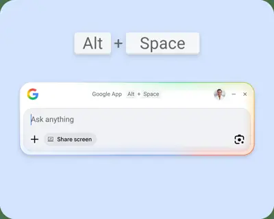 En skärmbild visar en Google-applikation med texten "Ask anything" och knapparna "Share screen" och "Alt + Space".