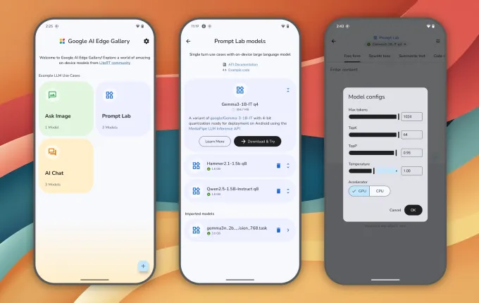 Tre skärmdumpar från en mobilapp med texten "Google AI Edge Gallery" och inställningar för språkmodeller.