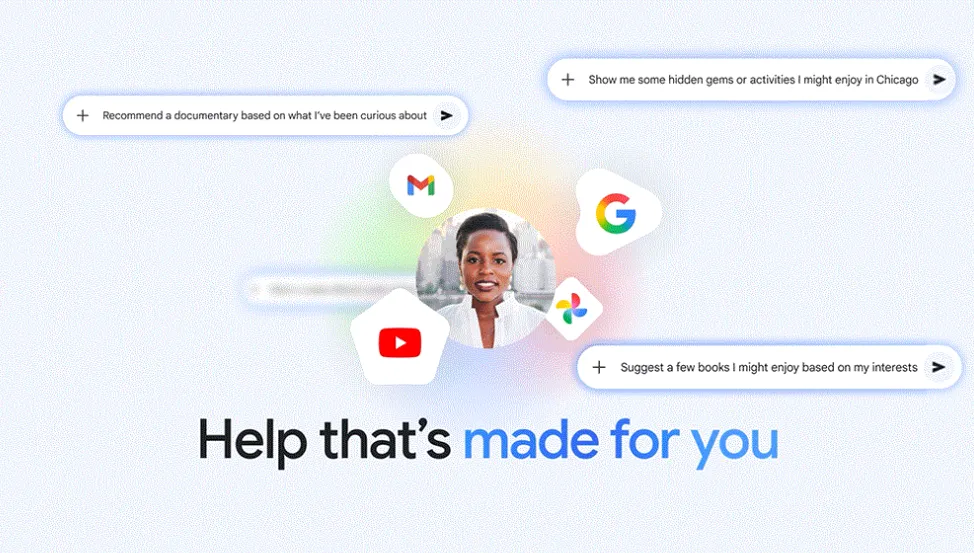 En kvinna omgiven av Google-logotyper och textbubblor med frågor. Texten "Help that's made for you" syns nedanför.