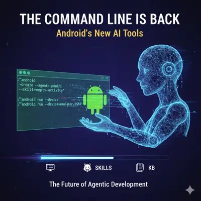 En blå, digital människa interagerar med en grön Android-logga och kod i ett fönster. Texten "The command line is back" syns.