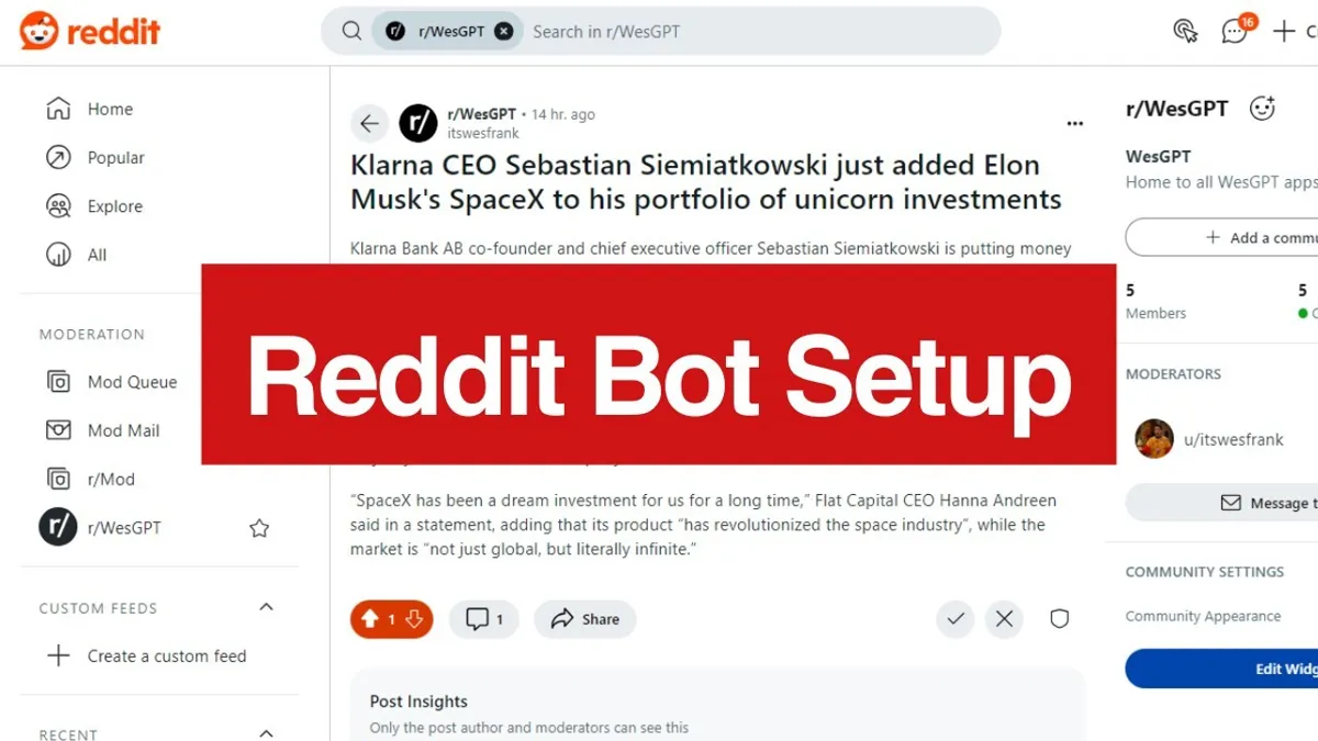 Skärmdump av en Reddit-sida med en artikel om Klarna-chefen Sebastian Siemiatkowski. En röd ruta med texten "Reddit Bot Setup" täcker delar av sidan.