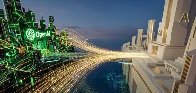 En futuristisk bild av två städer, en med OpenAI-loggan och den andra med AI, sammanlänkade av ljusstrålar.