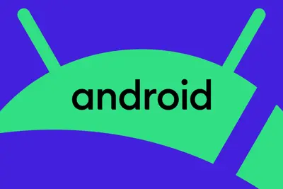 Logotypen för Android med grön robot och texten "android" mot en lila bakgrund.