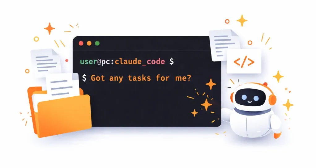 En tecknad bild med en robot som frågar om uppgifter i en kodeditor. Papper och en mapp syns också.