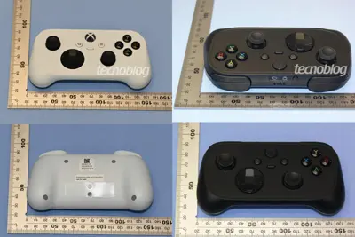 Fyra bilder av en vit och en svart Xbox-kontrollprototyp, sedda från olika vinklar, med måttband i bakgrunden.