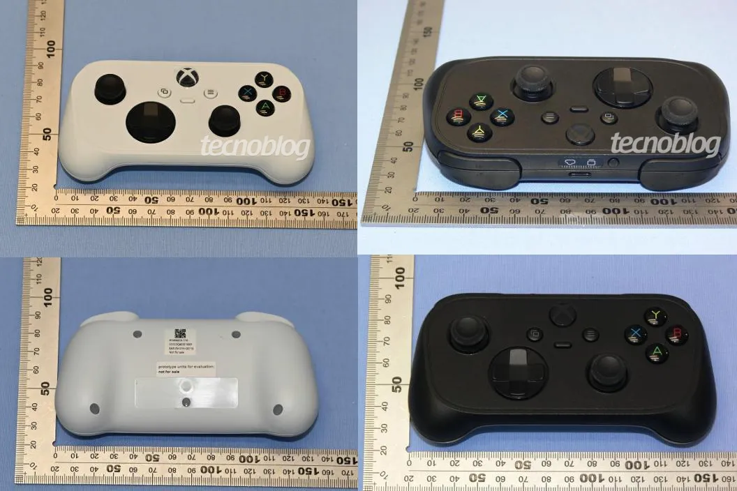 Fyra bilder av en vit och en svart Xbox-kontrollprototyp, sedda från olika vinklar, med måttband i bakgrunden.