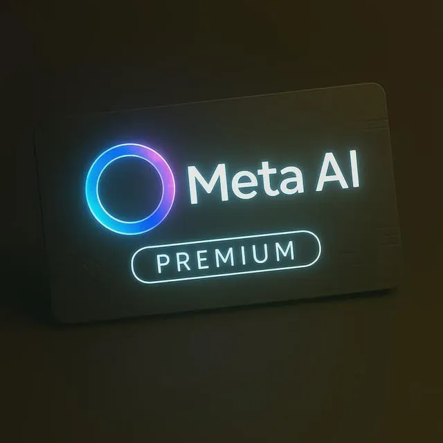 En bild på ett Meta AI Premium-kort med neonfärger. Logotypen är en cirkel i blått och rosa.