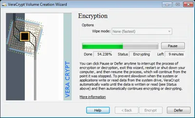 Dialogrutan "VeraCrypt - Inställningar" med flikarna "Allmänt", "Åtgärder" och "Lösenord". En varningsruta visas.