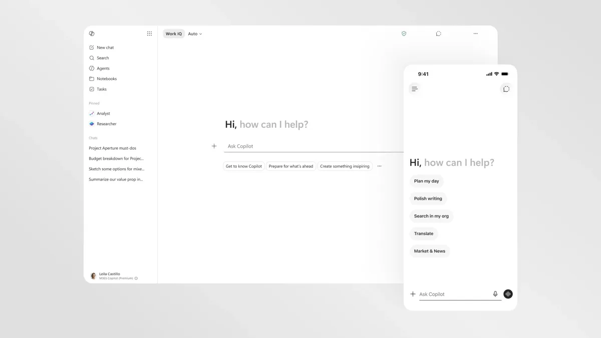 En skärmdump av Microsofts AI Copilot i dator- och mobilversion. Båda visar frågan "Hi, how can I help?".