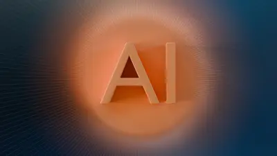 Texten "AI" i beige mot en orange och blå bakgrund med strålar.