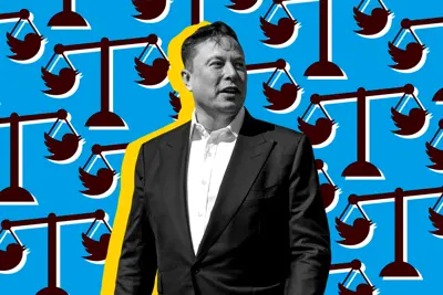 Elon Musk i kostym mot en blå bakgrund med stiliserade vågskålar med Twitter-loggan.