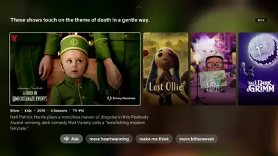 Netflix-gränssnitt med omslag för barnprogram som berör döden: "Lemony Snicket", "Lost Ollie", "City of Ghosts", "Tale Dark & Grimm".