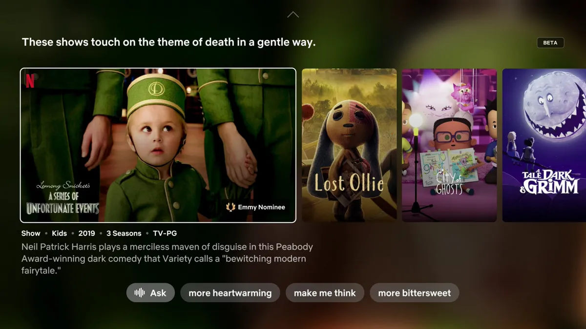 Netflix-gränssnitt med omslag för barnprogram som berör döden: "Lemony Snicket", "Lost Ollie", "City of Ghosts", "Tale Dark & Grimm".