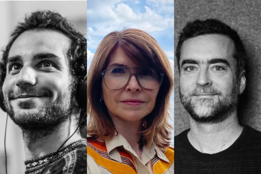 Tre porträttbilder sida vid sida. Två män och en kvinna. En man i färg, två i svartvitt.