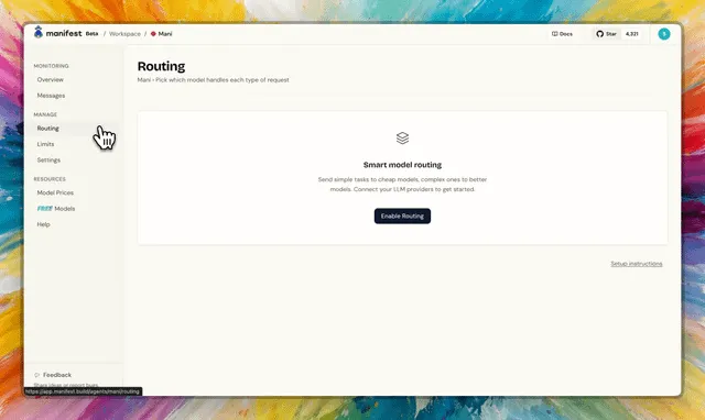 Skärmdump av ett användargränssnitt för "Routing" i ett program. Texten "Smart model routing" syns.