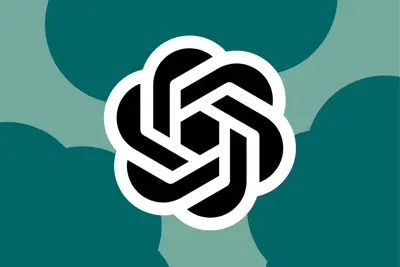Logotypen för OpenAI, en svart symbol med vita konturer, mot en grönmelerad bakgrund.