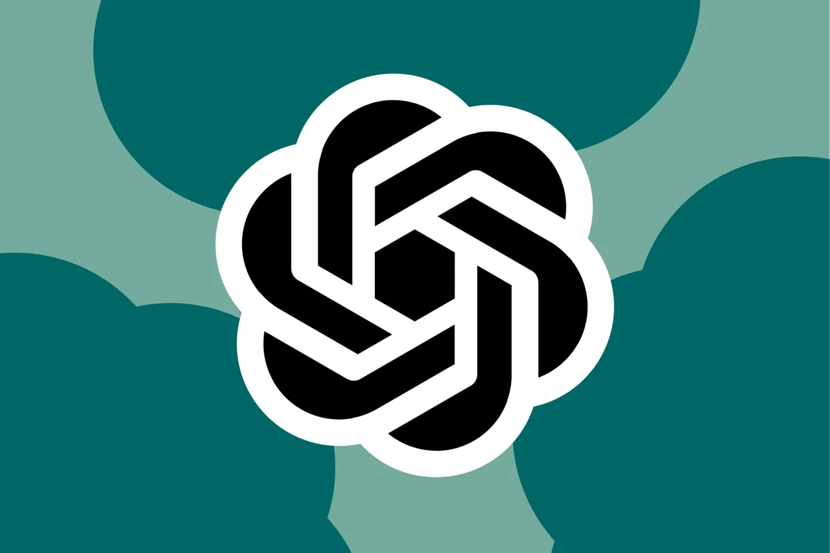 Logotypen för OpenAI, en svart symbol med vita konturer, mot en grönmelerad bakgrund.