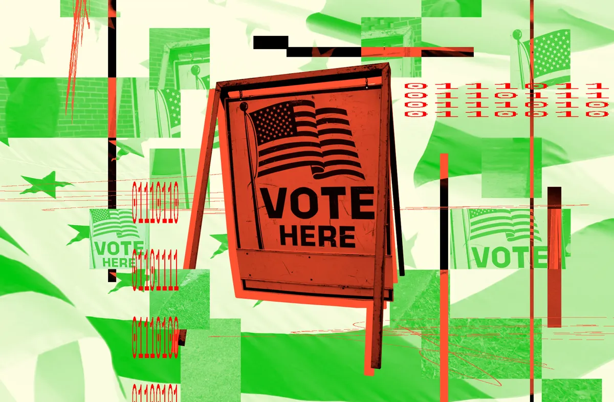 Abstrakt bild med en "Vote Here"-skylt, amerikanska flaggor och binär kod i rött och grönt.