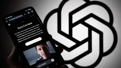 En mobiltelefon visar OpenAIs webbsida om Sora 2. I bakgrunden syns OpenAIs logotyp.