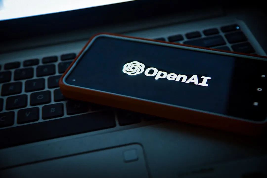 En mobiltelefon med OpenAI:s logotyp ligger på ett tangentbord.