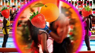 Bilden visar personer med frukt som huvuden i en surrealistisk miljö. En orange och en jordgubbe syns också.