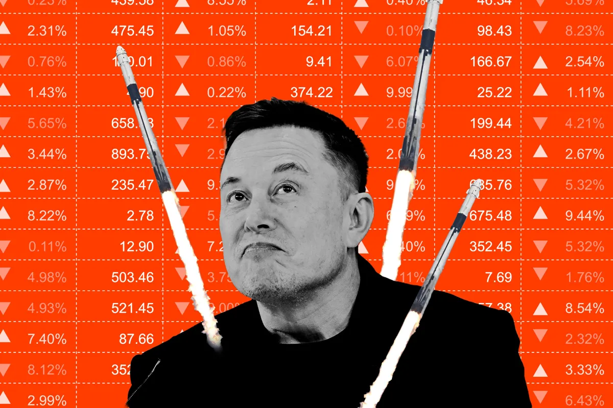 En svartvit bild av Elon Musk framför en röd börstabell med uppåtgående raketer.