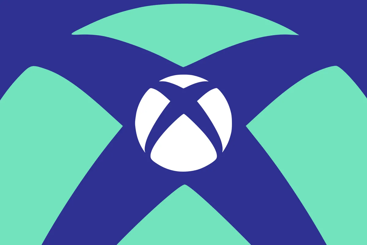 Abstrakt illustration av Xbox-logotypen i blått, turkost och vitt.