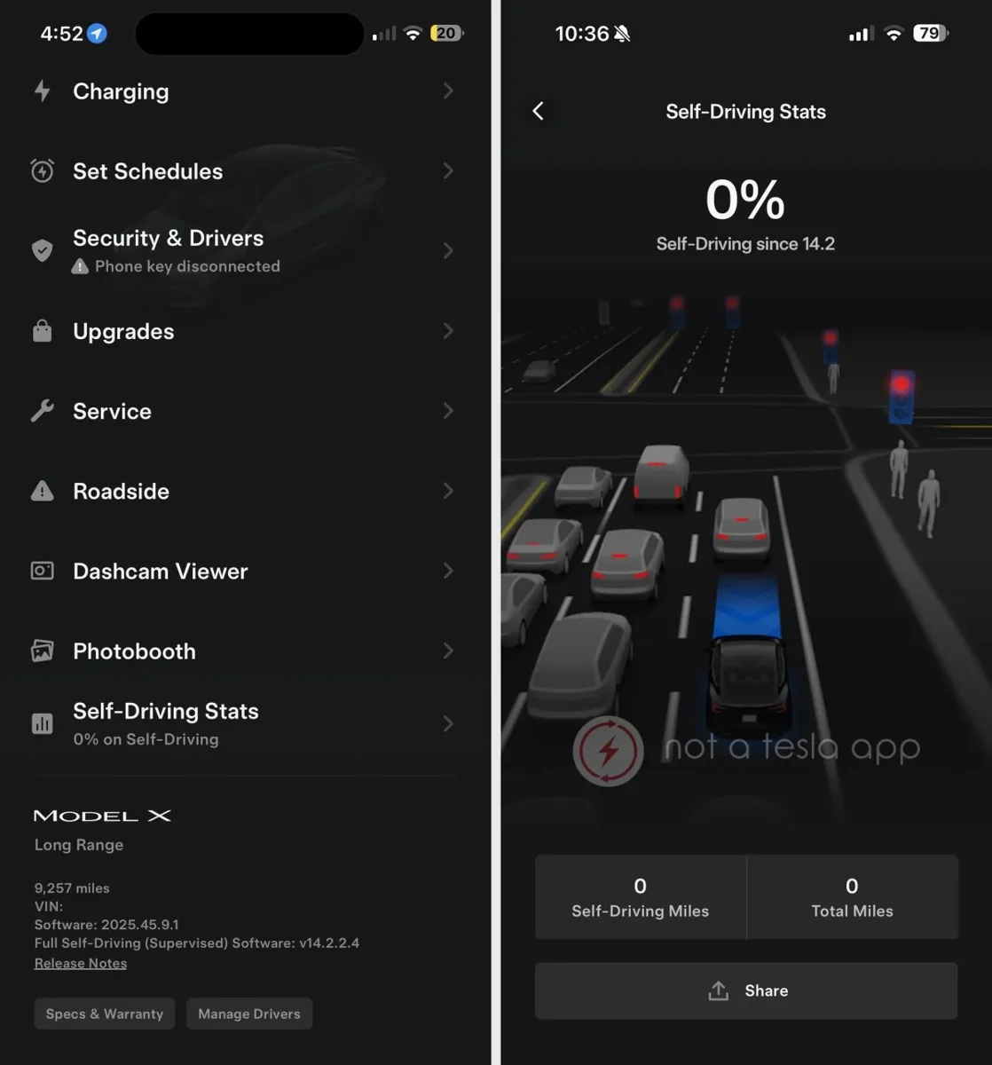 Två skärmdumpar från Tesla-appen. Den vänstra visar en meny, den högra statistik för självkörning.