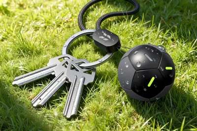 En fotbolls-tracker, tre nycklar och en nyckelring ligger i gräset. Trackern är rund och svart med gröna detaljer.