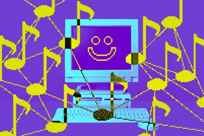 En pixelart-bild av en dator med ett smiley-ansikte på skärmen, omgiven av gula noter.