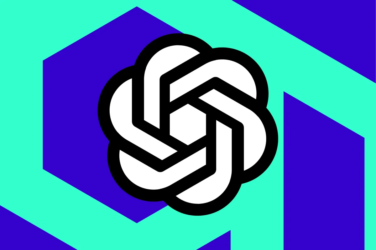 OpenAI:s logotyp, en vit stiliserad blomma med svart kontur, mot en geometrisk bakgrund i lila och turkos.