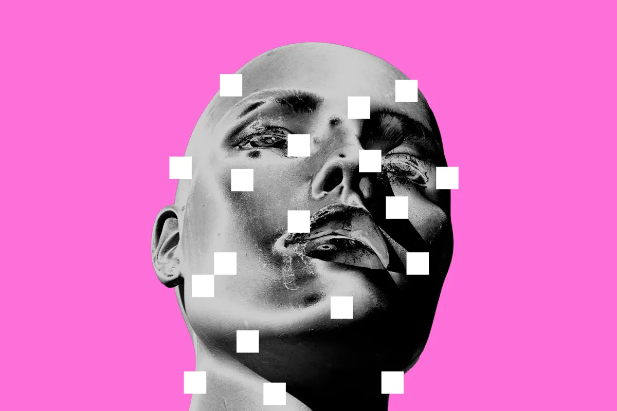 Ett svartvitt ansikte med vita rutor mot en rosa bakgrund.