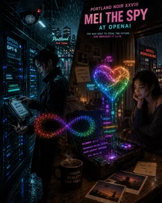 Omslagsbild för "Portland Noir XXVIII: Mei the Spy at OpenAI". En kvinna vid en serverhall och en vid ett bord med teknik.