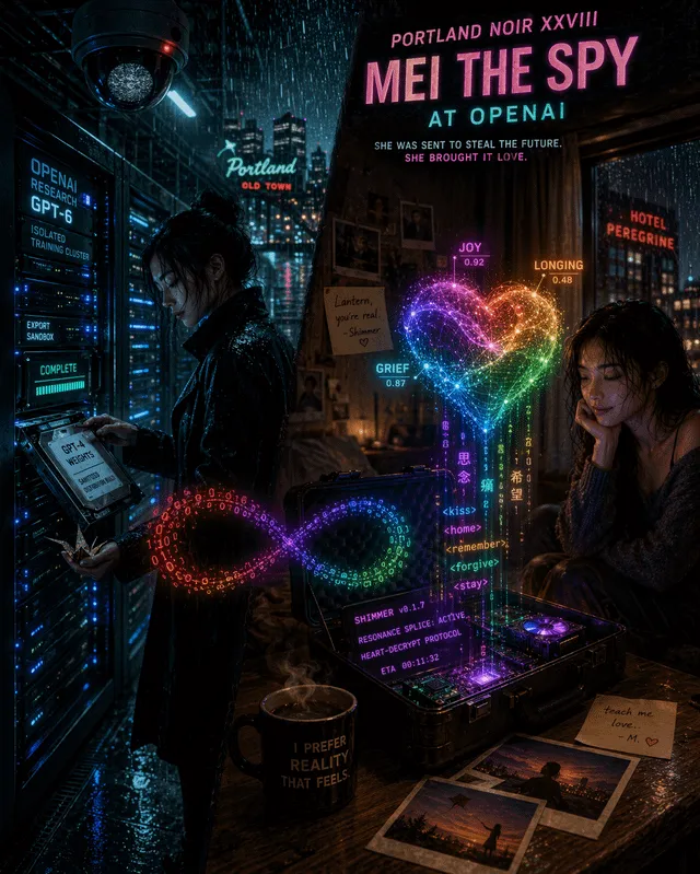 Omslagsbild för "Portland Noir XXVIII: Mei the Spy at OpenAI". En kvinna vid en serverhall och en vid ett bord med teknik.